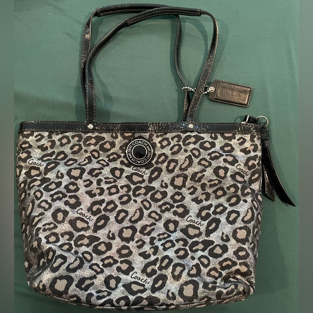 Authentic Coach Ocelot Tote Shoulder Bag; black silver leopard cheetah print